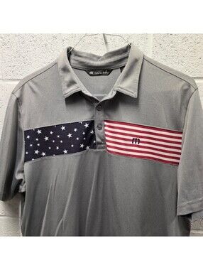 TravisMathew Sea to Sea Americana Polo Shirt XL 23.5x32 Gray Grey USA